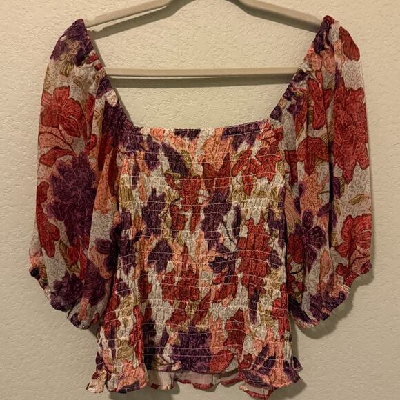 Old Navy L Floral Smocked Peasant Top Boho Square Neck Peasant Autumn Blouse NWT - Picture 5 of 8